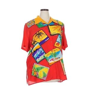 Diane Gilman Silk Hawaii Print Shirt Red Tropical 2X